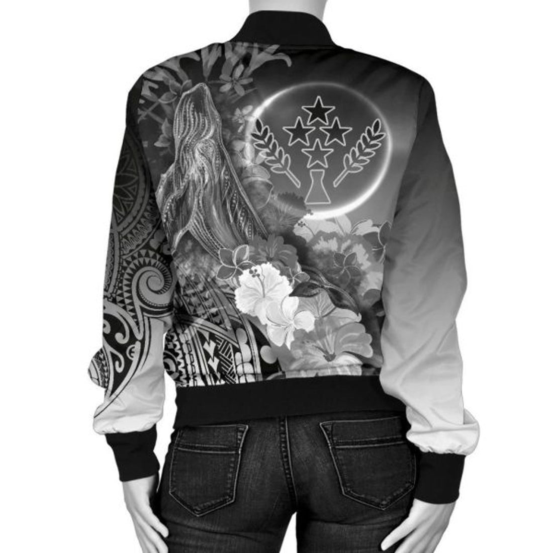 FUNSTUFFPRINTI Kosrae Women's Bomber Jacket - Humpback Whale with Tropical Flowers (White)- Bomber Jacket