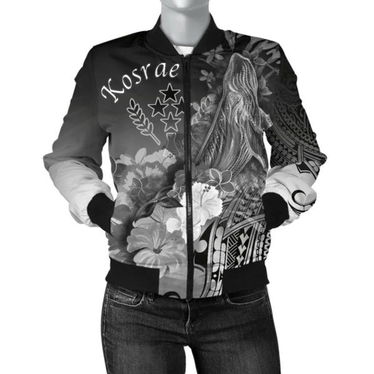 FUNSTUFFPRINTI Kosrae Women's Bomber Jacket - Humpback Whale with Tropical Flowers (White)- Bomber Jacket