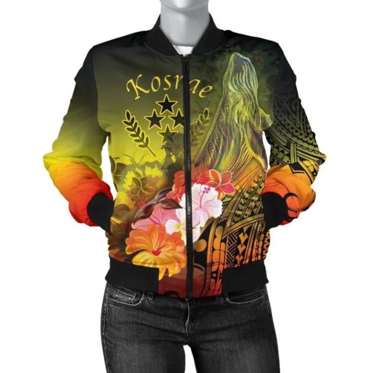 FUNSTUFFPRINTI Kosrae Women's Bomber Jacket - Humpback Whale with Tropical Flowers (Yellow)- Bomber Jacket
