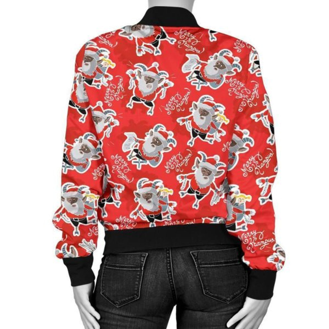FUNSTUFFPRINTI Krampus Christmas Print Pattern Women Casual Bomber Jacket