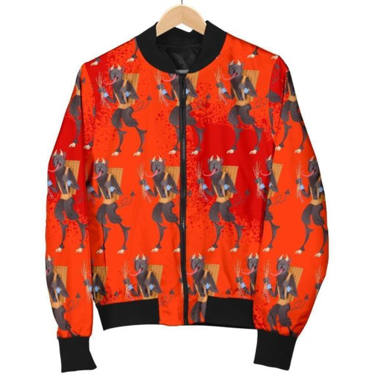 FUNSTUFFPRINTI Krampus Pattern Print Women Casual Bomber Jacket