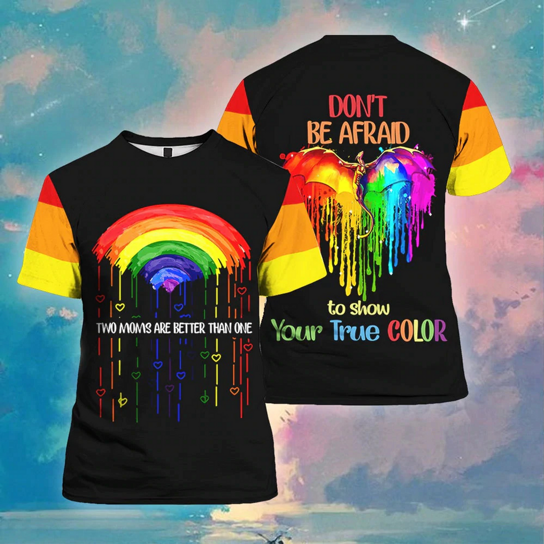 FUNSTUFFPRINT LGBT Rainbow Shirt, Two Moms Are Better Than One, Pride 3D T-Shirt