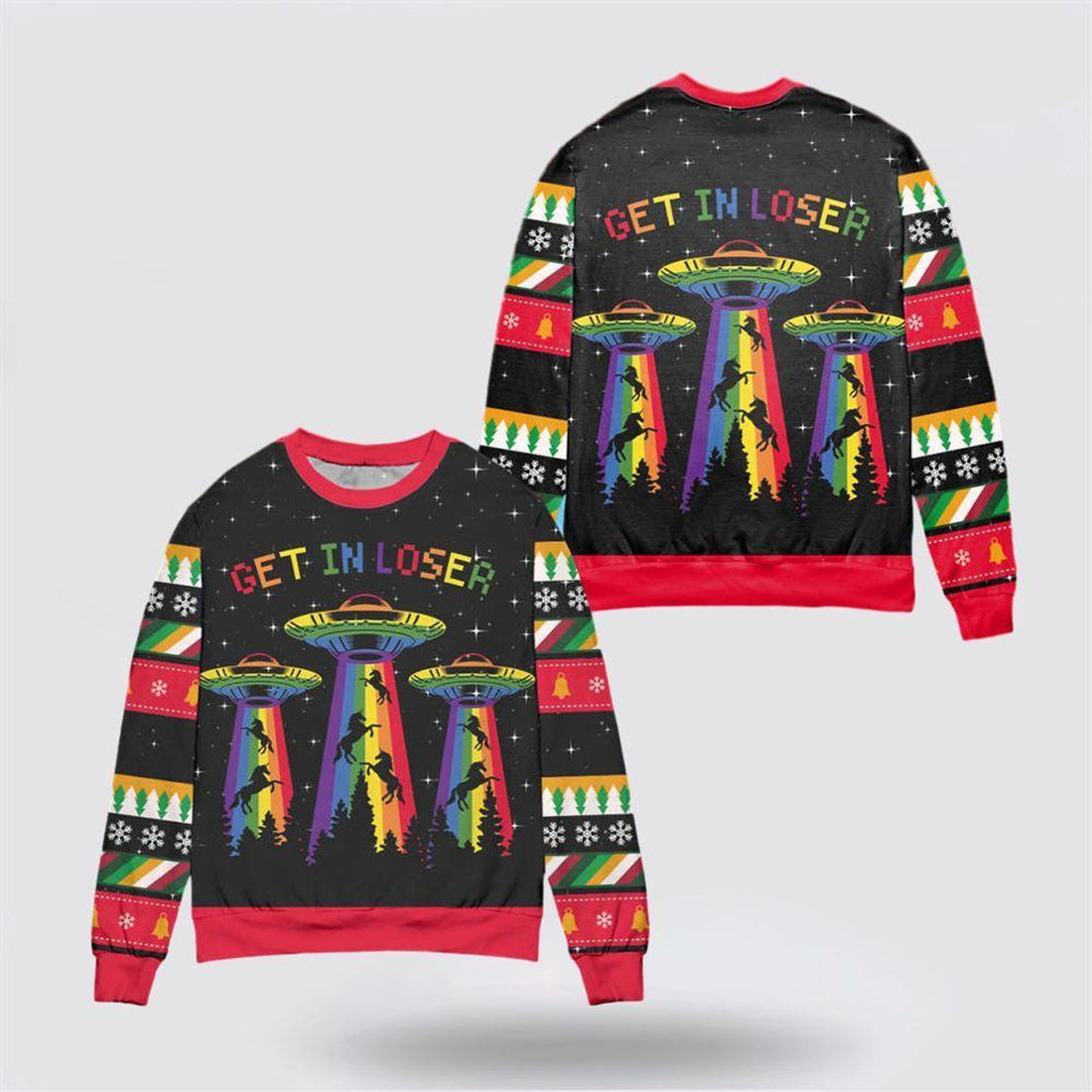 FUNSTUFFPRINT LGBT Alien Get In Loser Christmas Sweater – Christmas Gifts For Frends Ugly  Sweater