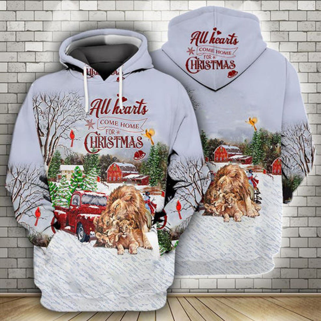 FUNSTUFFPRINT 3D Lion All Hearts Come Home For Christmas All Over 3D Hoodie and Zip Hoodie