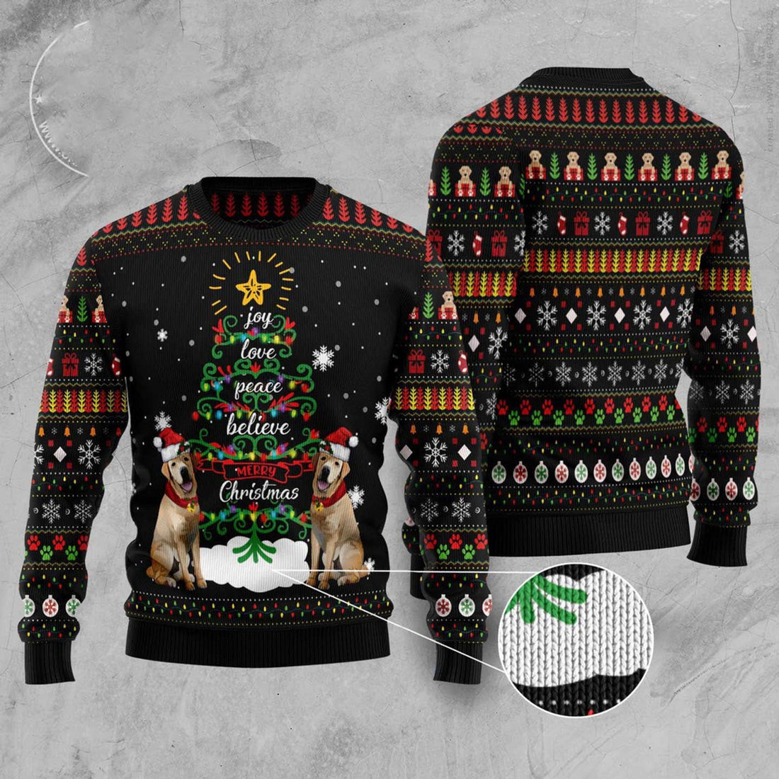 FUNSTUFFPRINT Labrador Retriever IJoy Love Peace Believe Merry Christmas Ugly Christmas Sweater, Dog Ugly Christmas Sweater, Ugly Dog Sweaters Ugly  Sweater