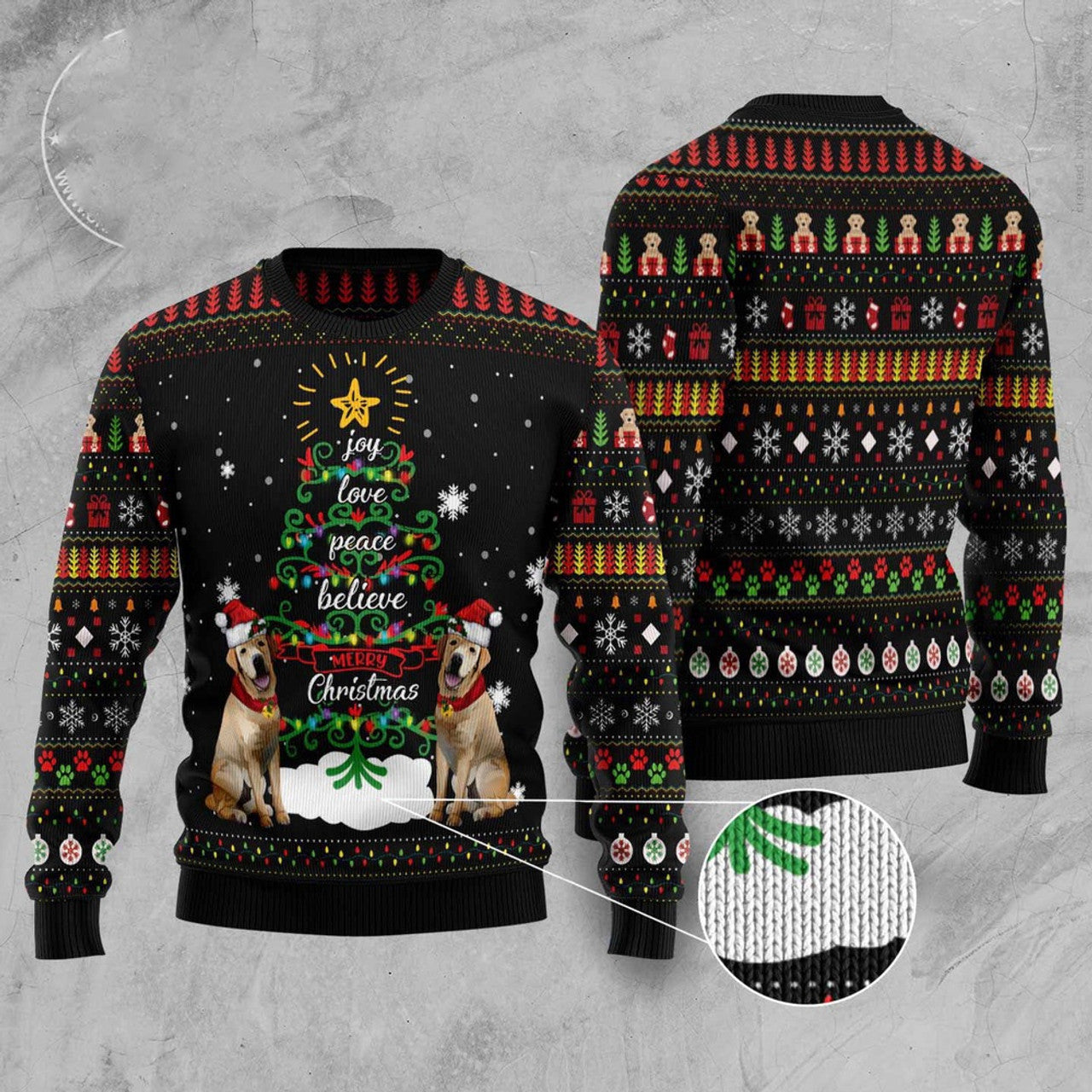 FUNSTUFFPRINT Labrador Retriever IJoy Love Peace Believe Merry Christmas Ugly Christmas Sweater, Dog Ugly Christmas Sweater, Ugly Dog Sweaters Ugly  Sweater