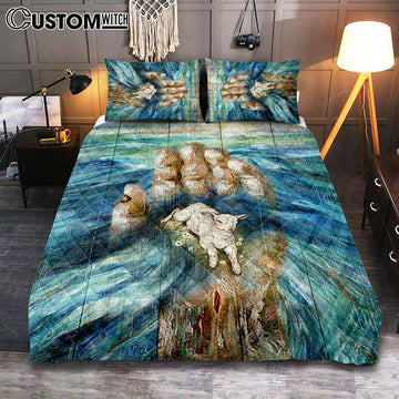 Lamb In God's Hand Quilt Bedding Set Bedroom - Bible Verse Quilt Bedding Set Art - Christian Home Decor