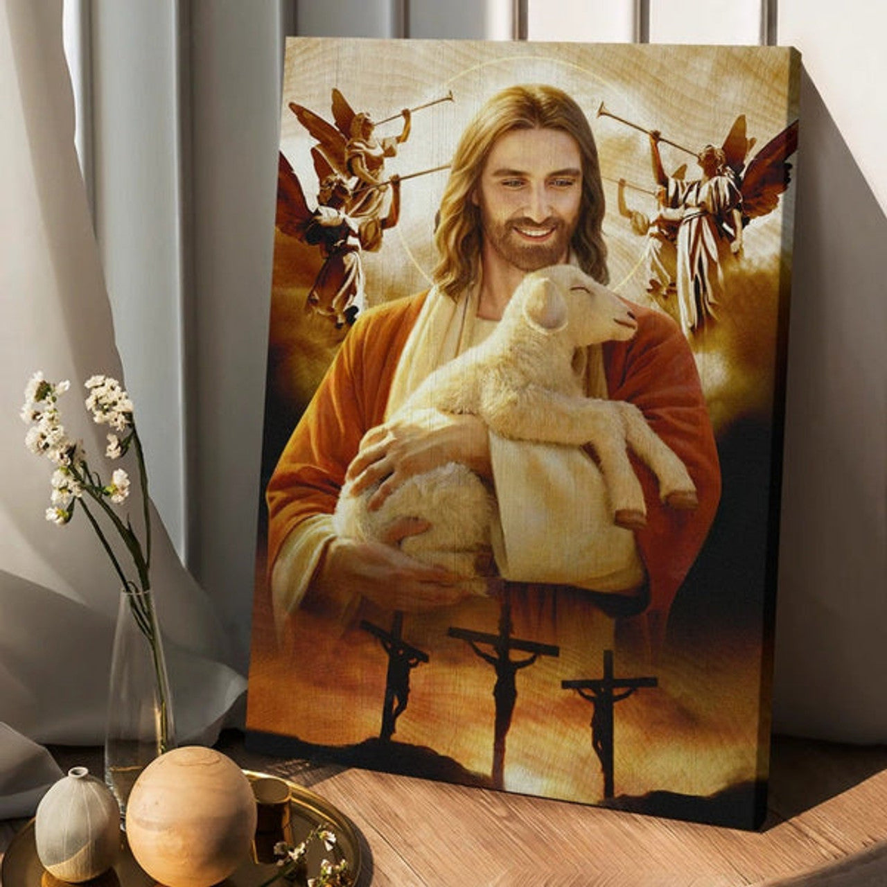 Lamb Of God Jesus Drawing Heaven Angels Three Crosses Canvas Wall Art - Christian Wall Posters - Religious Wall Decor