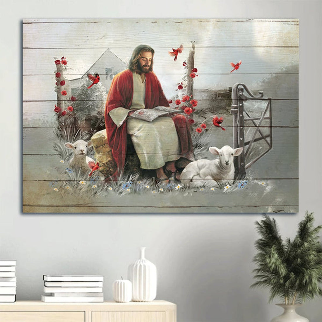 Lamb Of God Red Cardinal Rustic Garden God Canvas Wall Art - Christian Wall Decor