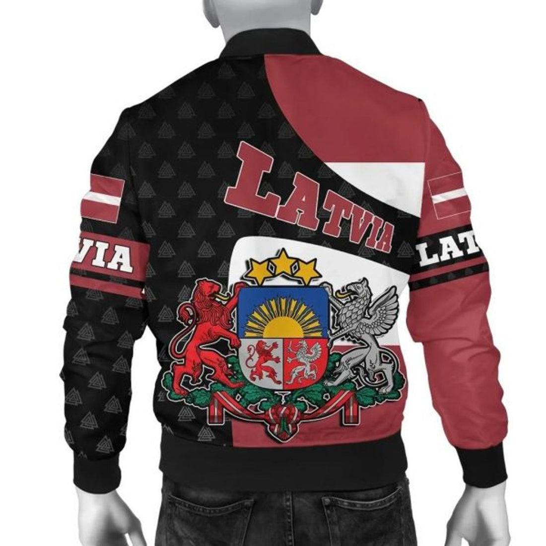FUNSTUFFPRINTI Latvia Bomber Jacket - Flag and Valknut Symbols Bomber Jacket
