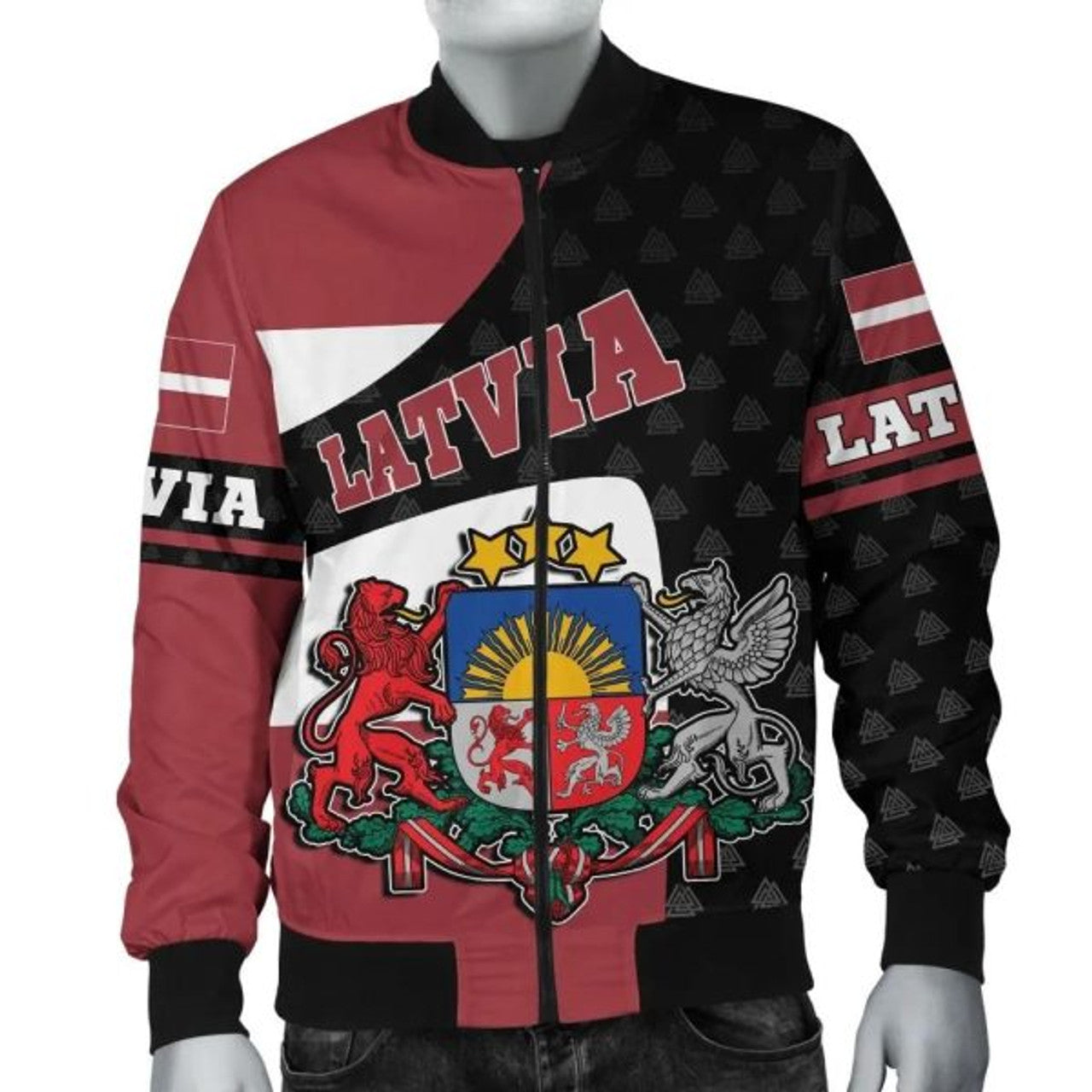 FUNSTUFFPRINTI Latvia Bomber Jacket - Flag and Valknut Symbols Bomber Jacket