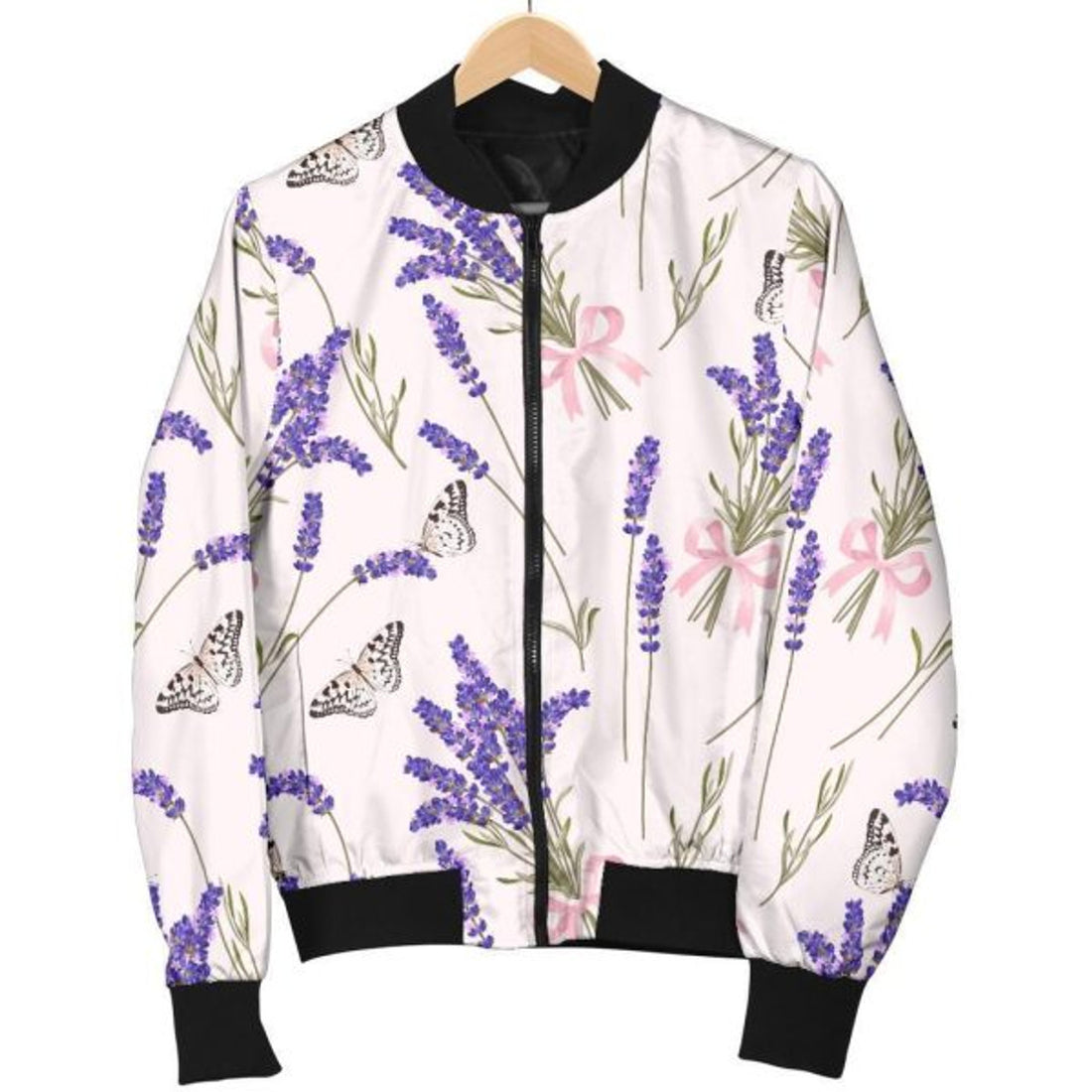 FUNSTUFFPRINTI Lavender Floral Print Pattern Women Casual Bomber Jacket