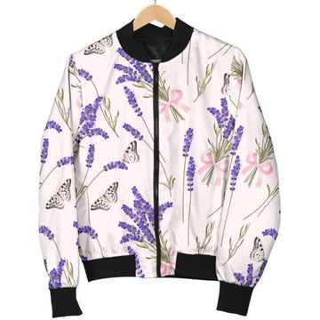 FUNSTUFFPRINTI Lavender Floral Print Pattern Women Casual Bomber Jacket