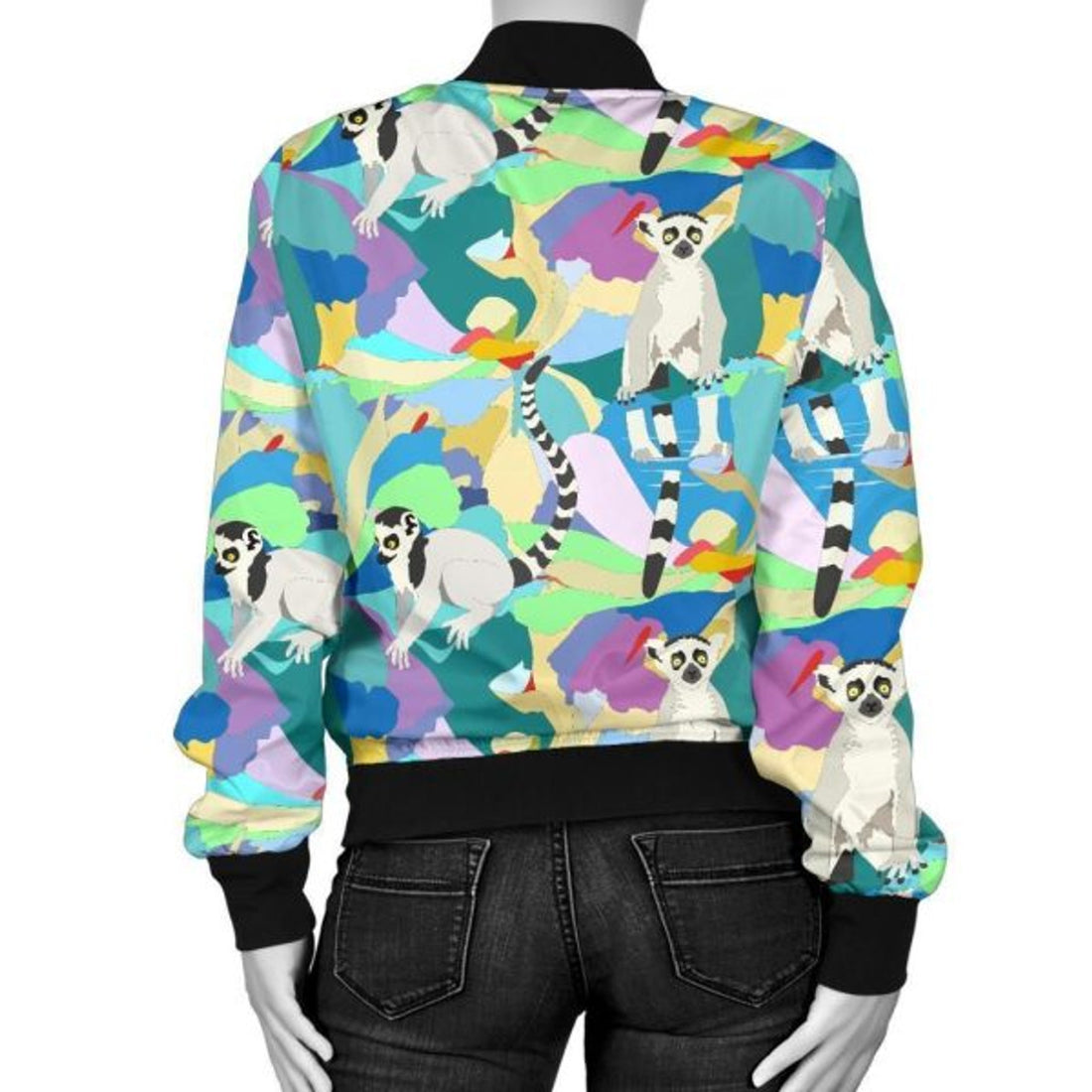 FUNSTUFFPRINTI Lemur Colorful Pattern Print Women Casual Bomber Jacket