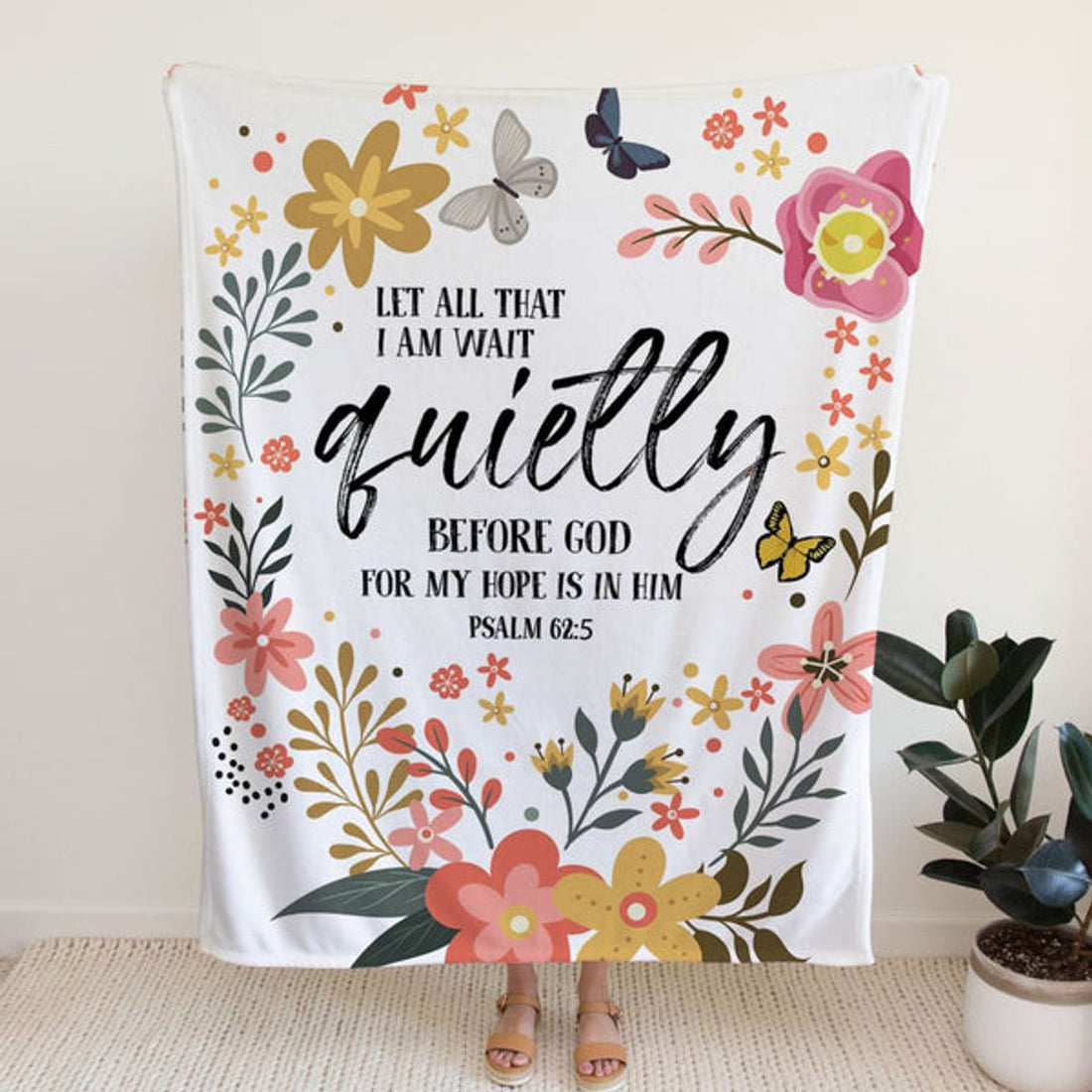 FUNSTUFFPRINT Let All That I Am Wait Quietly Before God Fleece Blanket - Christian Blanket - Bible Verse Blanket