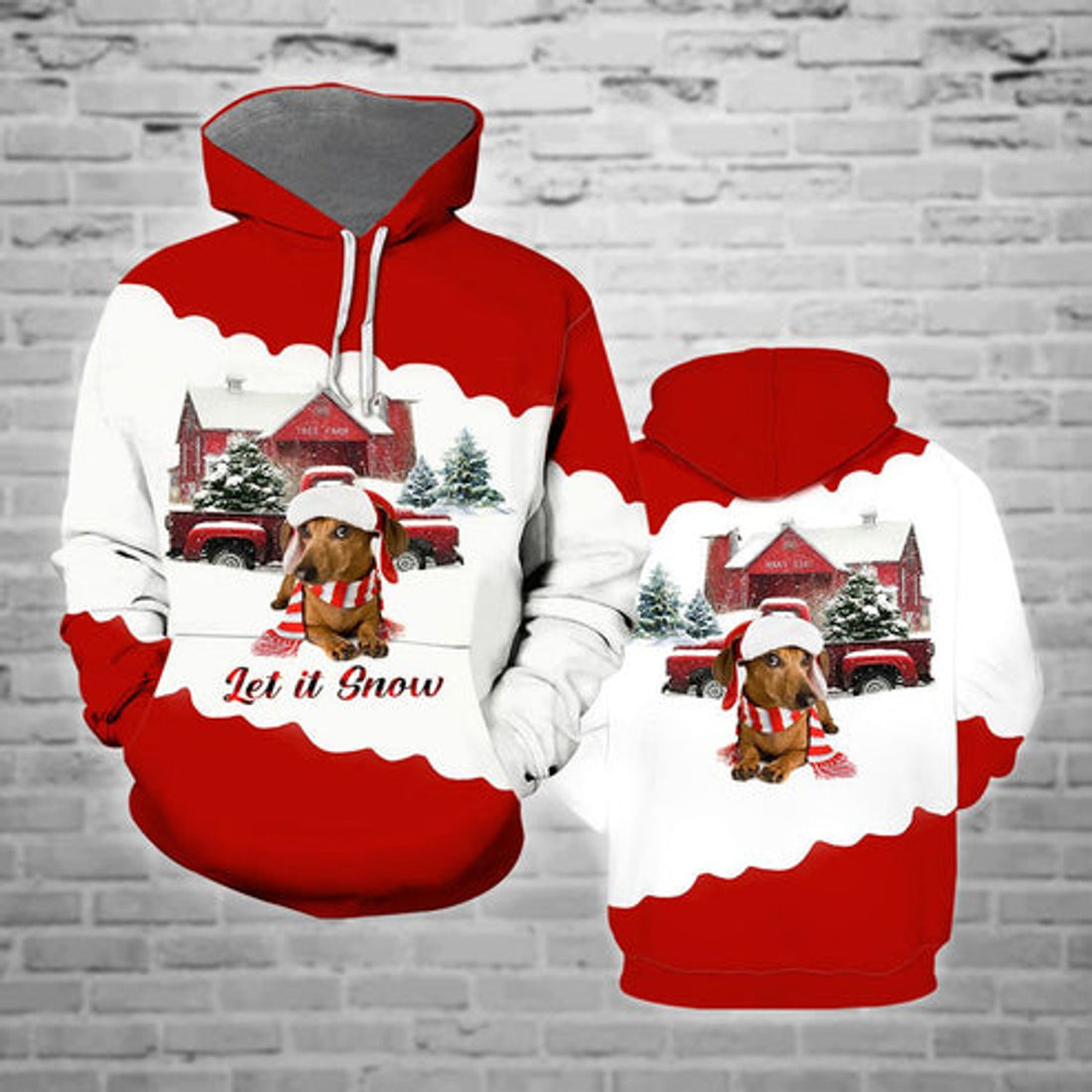 FUNSTUFFPRINT 3D Let It Snow Dachshund Dog Christmas All Over 3D Hoodie and Zip Hoodie