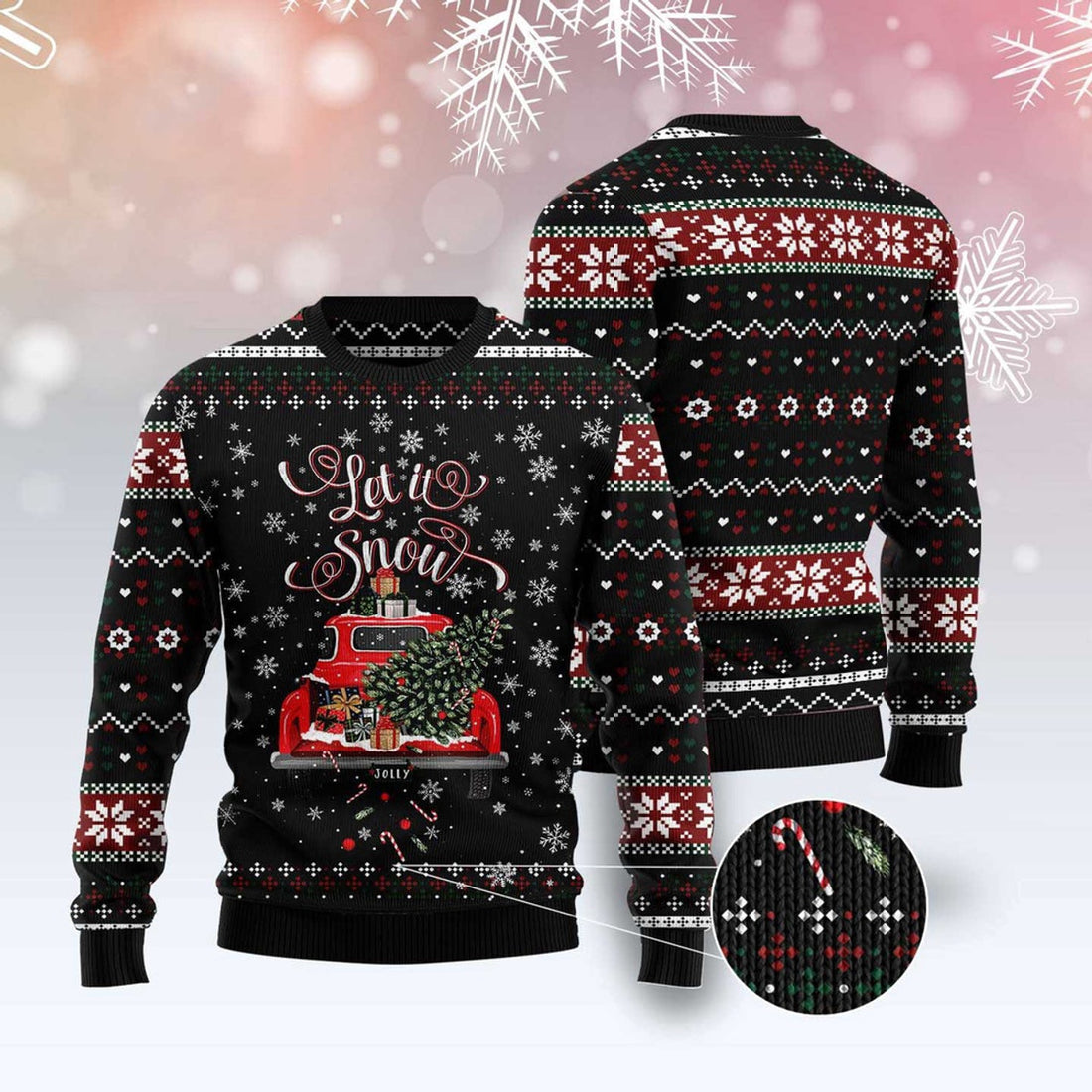 FUNSTUFFPRINT Let It Snow Red Truck Ugly Christmas Sweater, Christmas Sweater, Ugly Sweater, Funny Xmas Sweaters Ugly Sweater