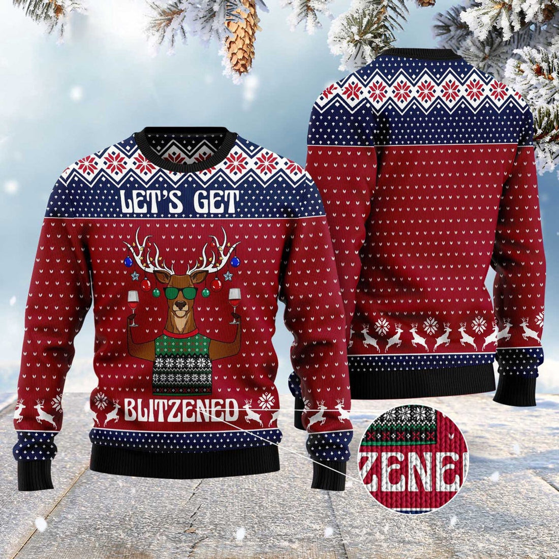 FUNSTUFFPRINT Let'S Get Blitzened Slouchy Ugly Christmas Sweater, Christmas Sweater, Ugly Sweater, Funny Xmas Sweaters Ugly Sweater
