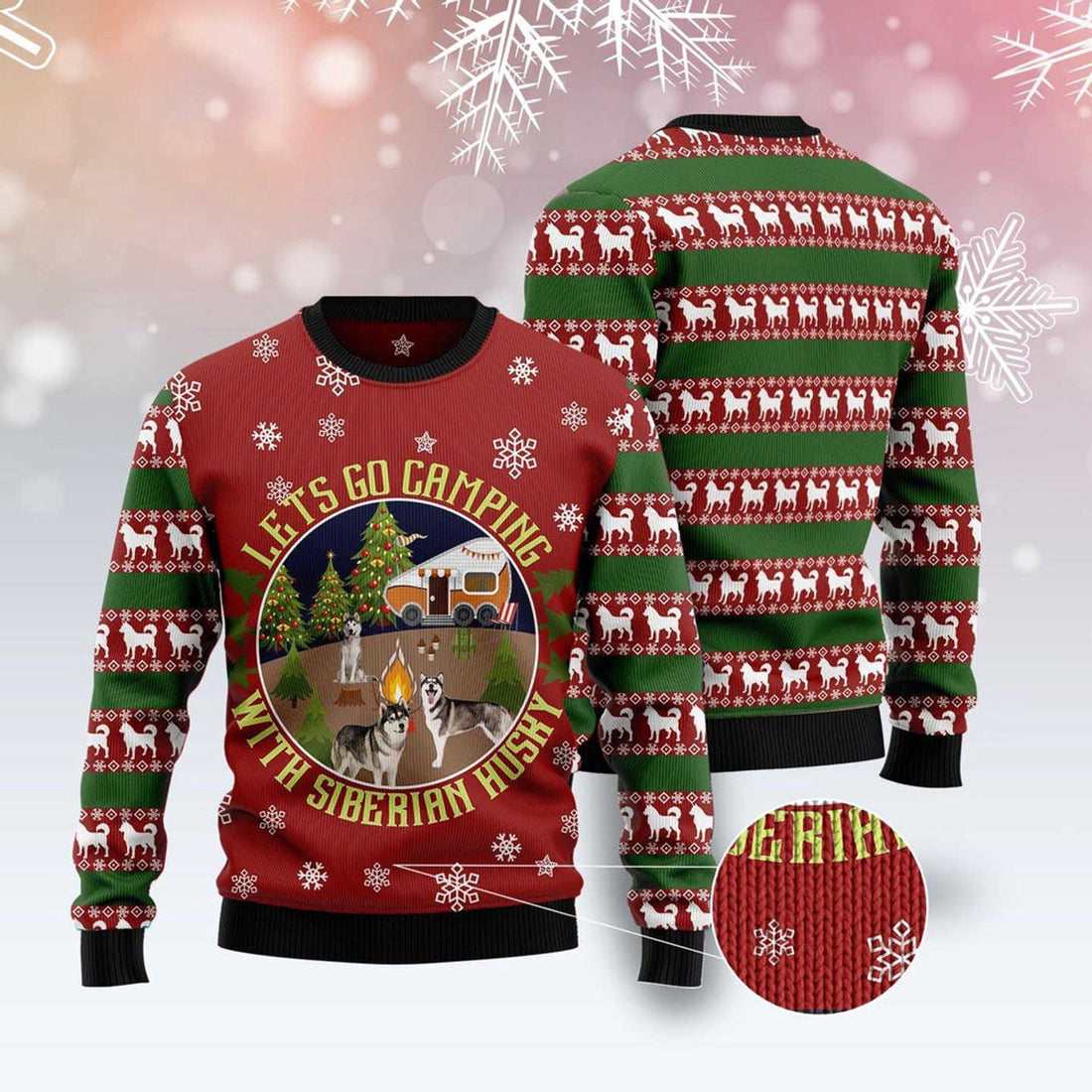 FUNSTUFFPRINT Let’S Go Camping With Siberian Husky Ugly Christmas Sweater, Dog Ugly Christmas Sweater, Ugly Dog Sweaters Ugly  Sweater