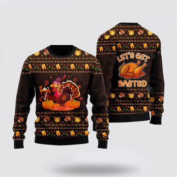 FUNSTUFFPRINT Lets Get Basted Turkey Ugly Christmas Sweater, Farm Sweater, Christmas Gift, Best Winter Outfit Christmas Ugly Sweater