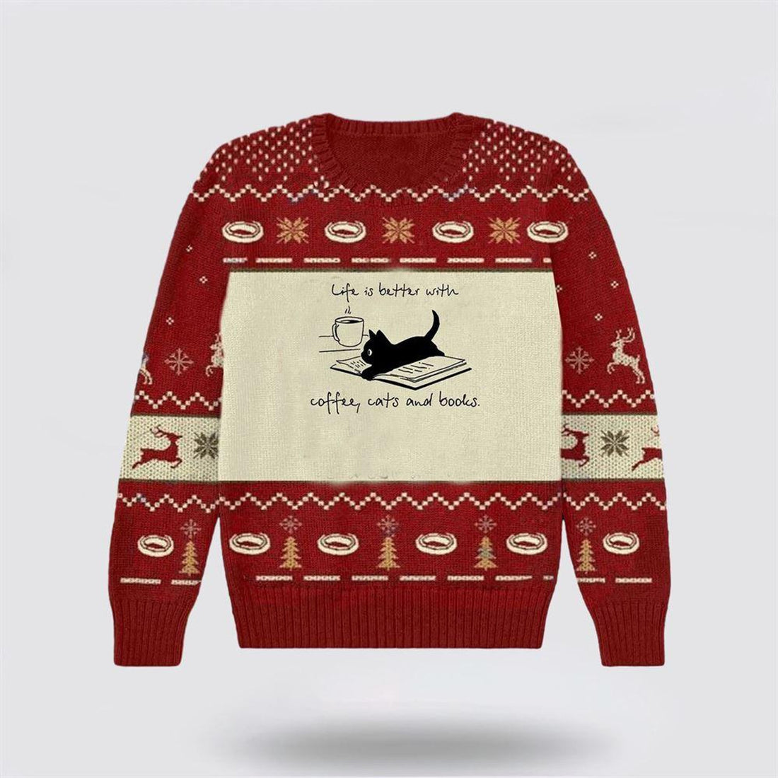 FUNSTUFFPRINT Life Is Better With Coffee Cats And Books Books Christmas Ugly Sweater - Cat Lover Christmas Sweater Ugly Sweater