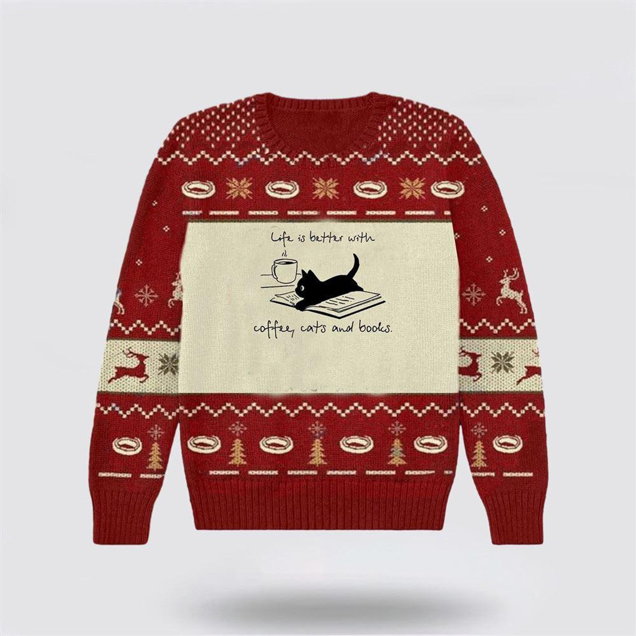 FUNSTUFFPRINT Life Is Better With Coffee Cats And Books Books Christmas Ugly Sweater - Cat Lover Christmas Sweater Ugly Sweater