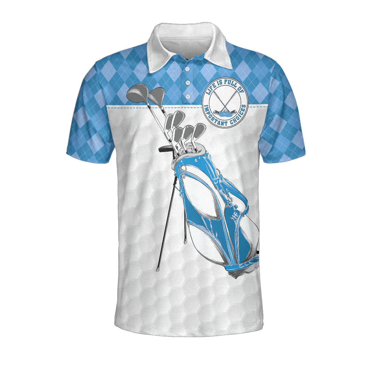 White Golf Texture Blue Argyle Pattern Men Polo Shirt, Life Is Full Of Important Choices Golf Polo Shirt, Best Golf Shirt For Male