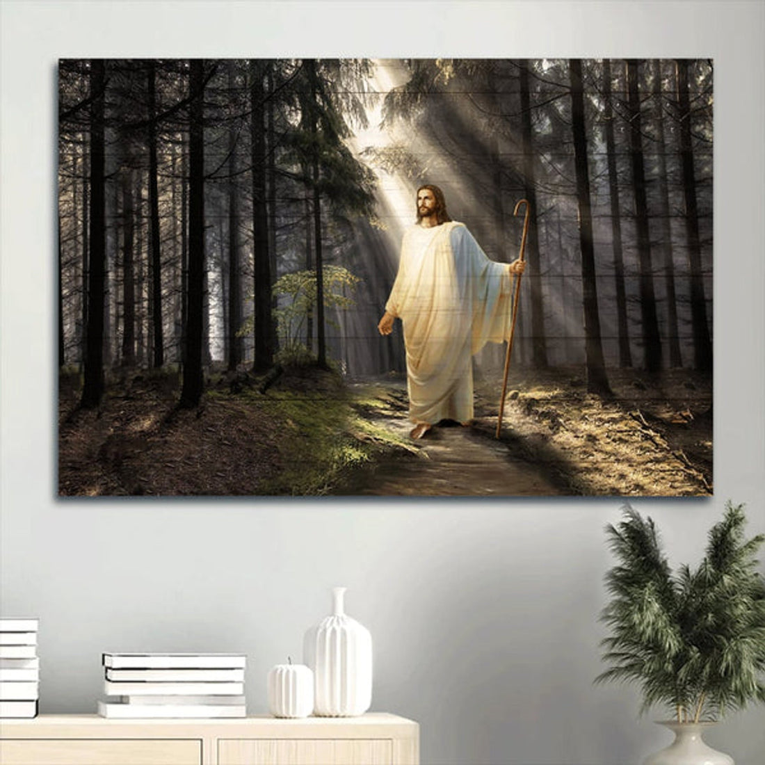 Light In Miracle Forest Religious Painting Jesus Drawing Canvas Wall Art - Christian Wall Decor