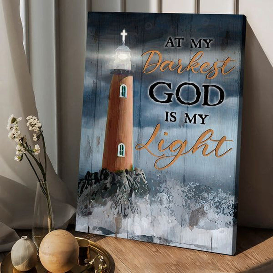 Lighthouse Poster, At My Darkest God Is My Light, Wall Decor Poster and Canvas