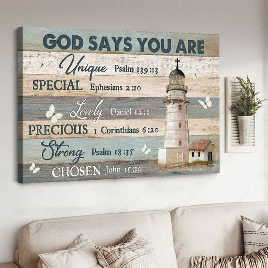 Lighthouse Poster, God Says You Are Unique, Special Lovely Precious Strong Chosen, Wall Poster Decor Poster and Canvas