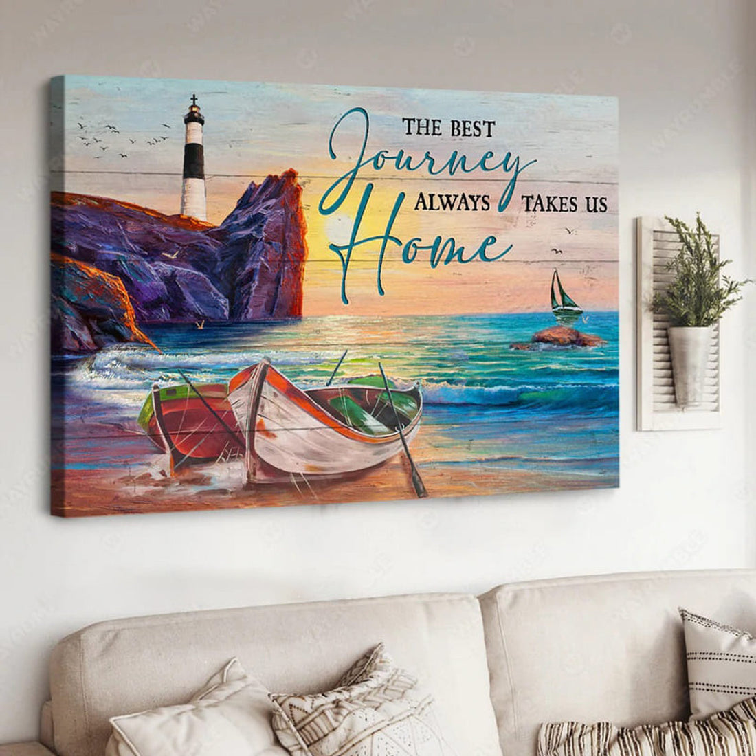 Lighthouse Poster, The Best Journey Always Takes Us Home, Beach Scenery Poster and Canvas
