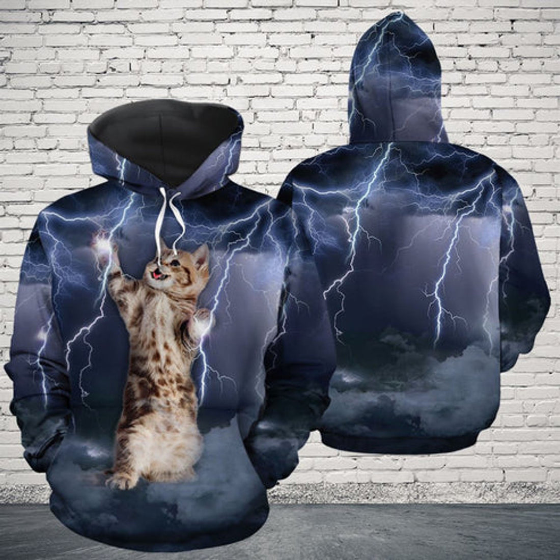 FUNSTUFFPRINT 3D Lightning Cat All Over 3D Hoodie and Zip Hoodie
