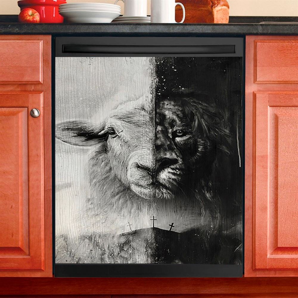 Lion And Lamb Face Dishwasher Cover, Lion Dishwasher Wrap, Christian Kitchen Decoration