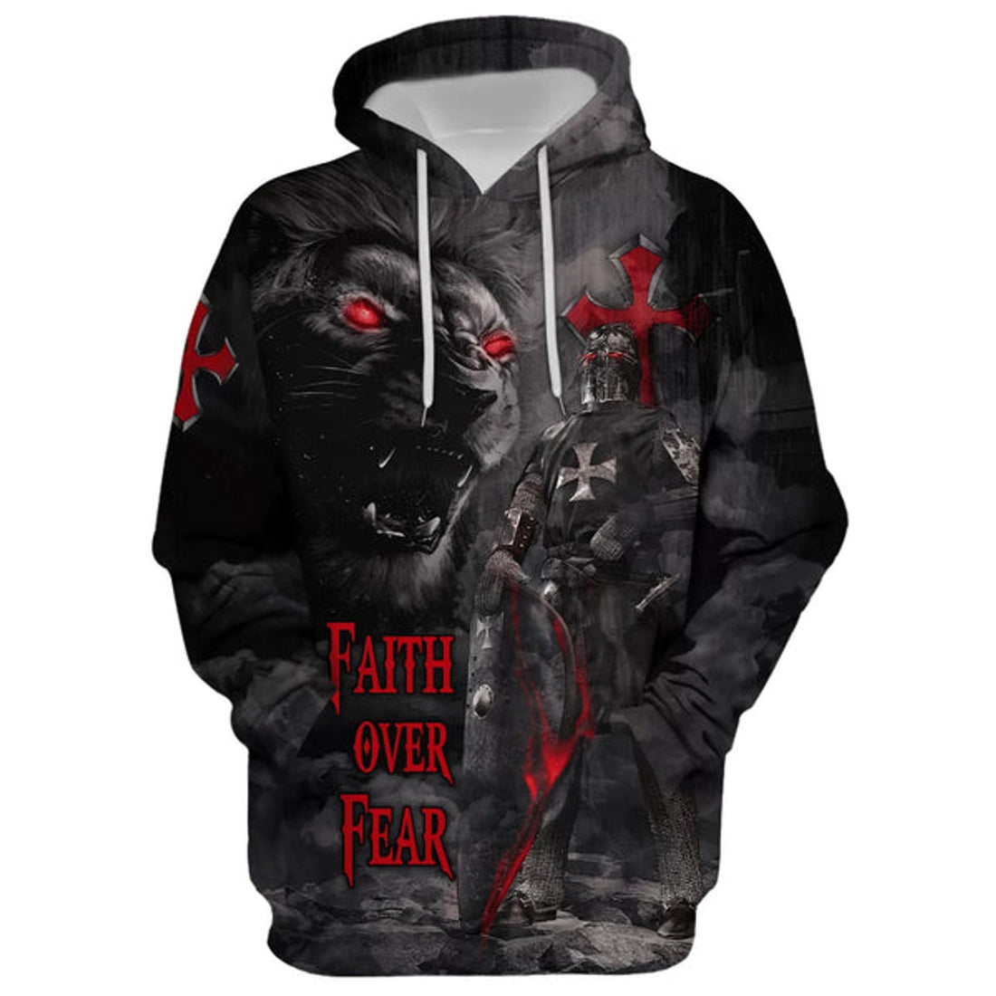 FUNSTUFFPRINT Lion Armor Knight Faith Over Fear Hoodie - Men & Women Christian 3D Hoodie and Zip Hoodie