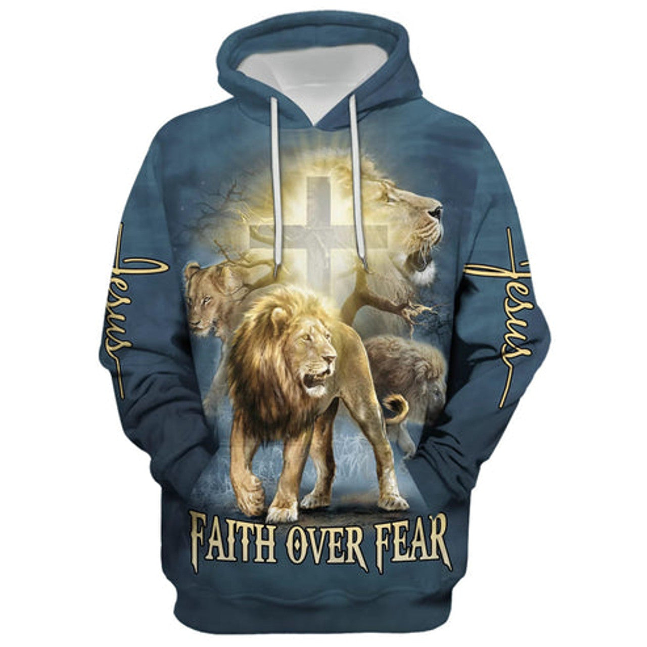 FUNSTUFFPRINT 3D Lion Christ Cross Jesus Faith Over Fear 3D Hoodie and Zip Hoodie