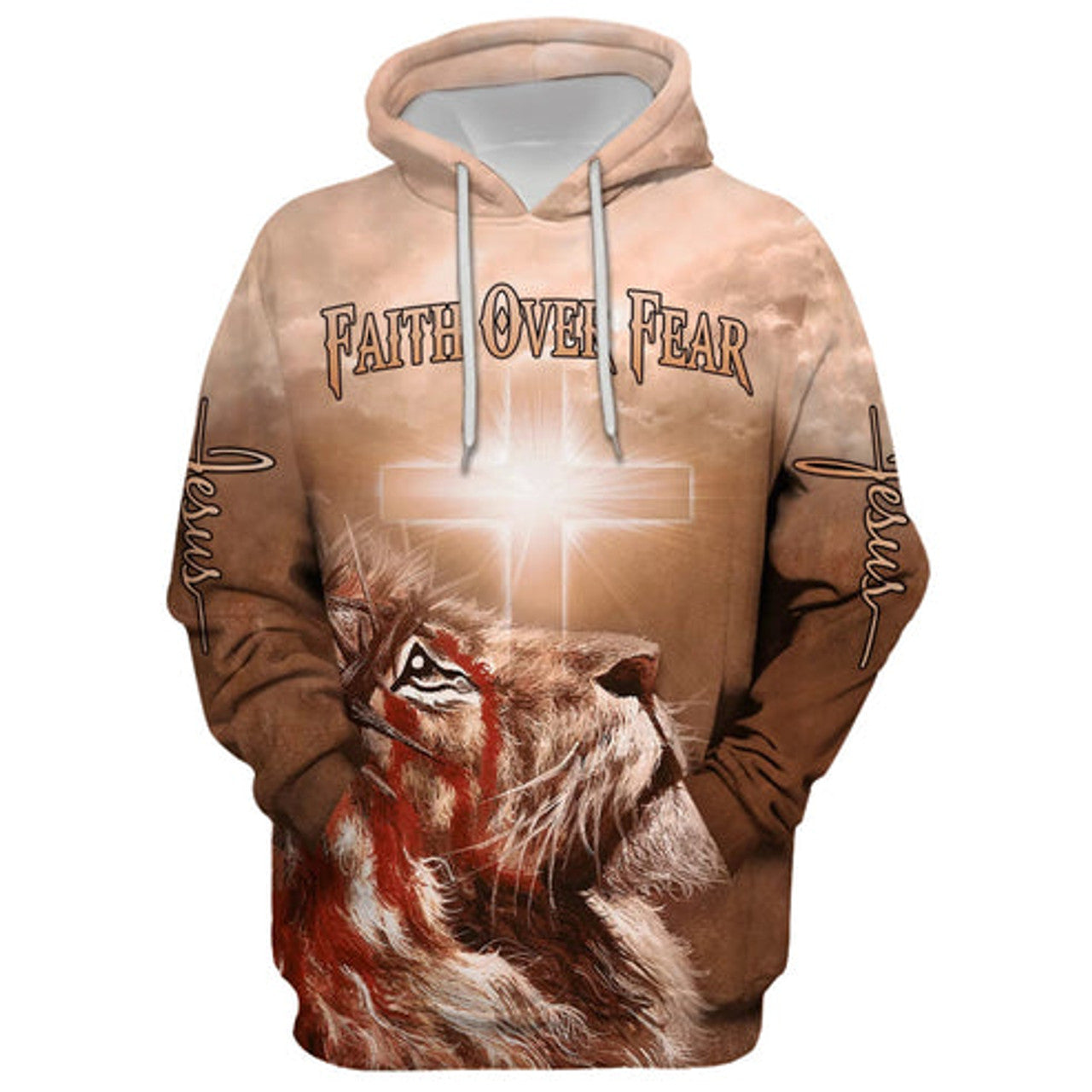 FUNSTUFFPRINT 3D Lion Cross Faith Over Fear 3D Hoodie and Zip Hoodie