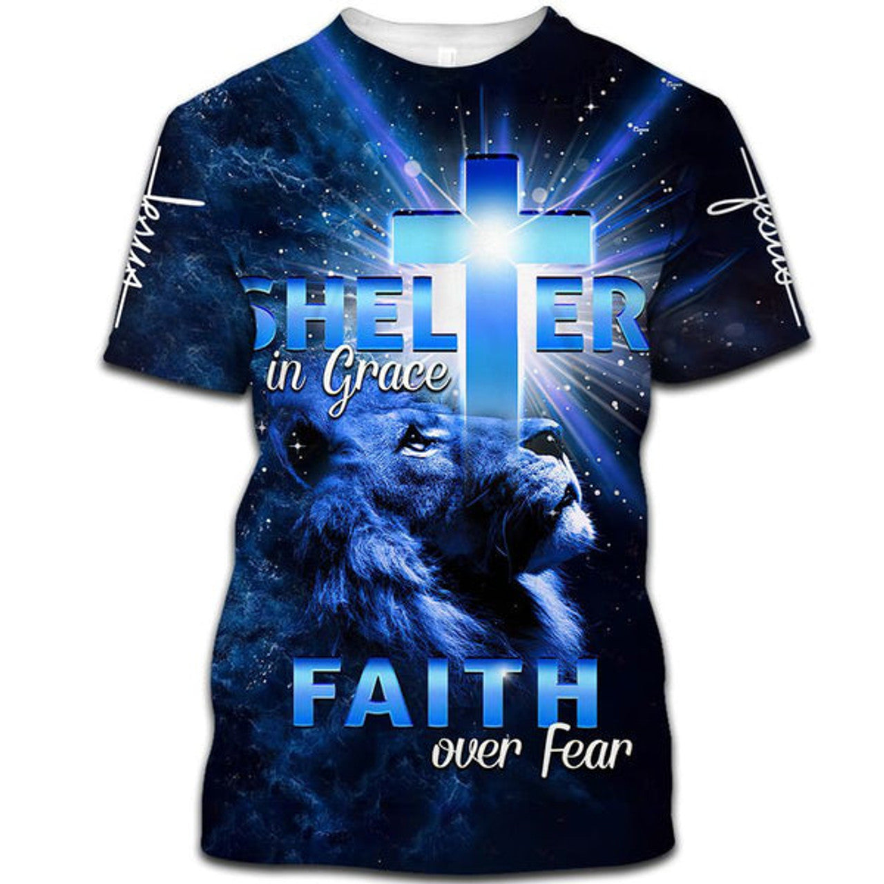 FUNSTUFFPRINT Lion Cross Shelter In Grace Faith Over Fear Christian 3D T-shirt