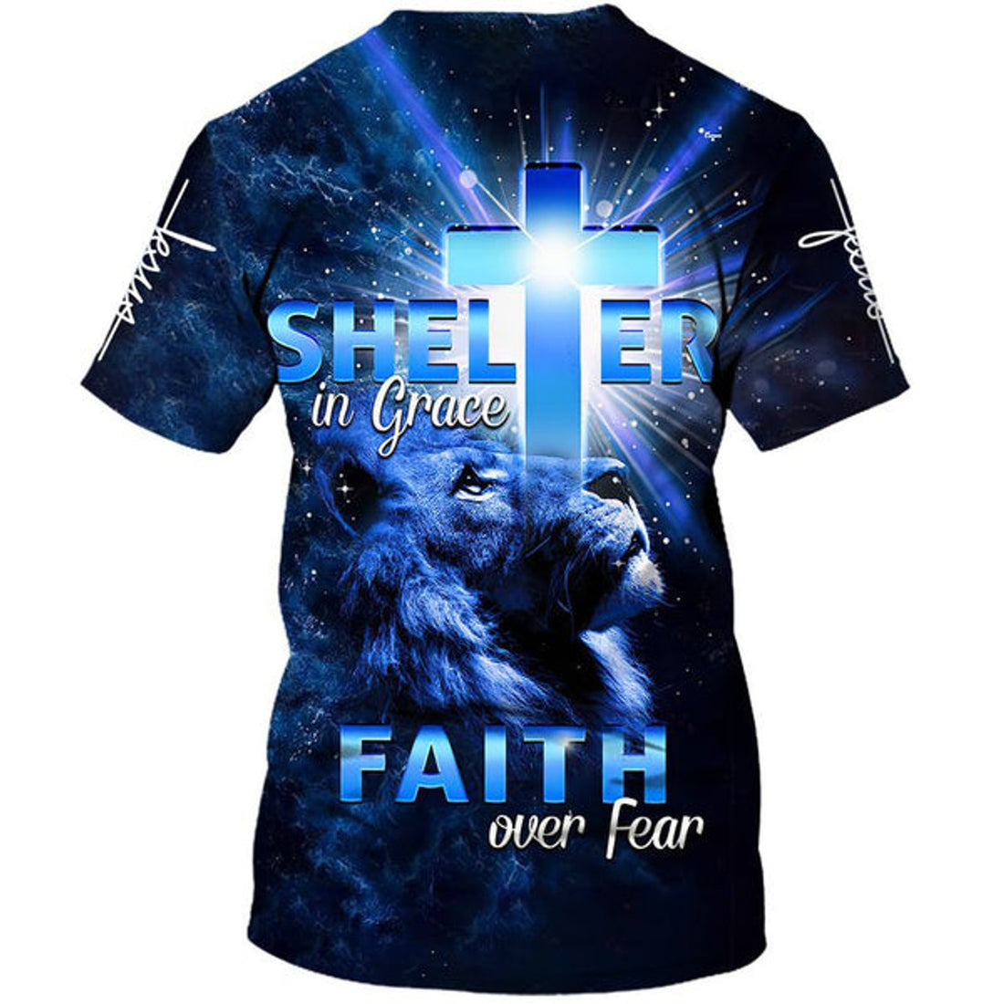 FUNSTUFFPRINT Lion Cross Shelter In Grace Faith Over Fear Christian 3D T-shirt