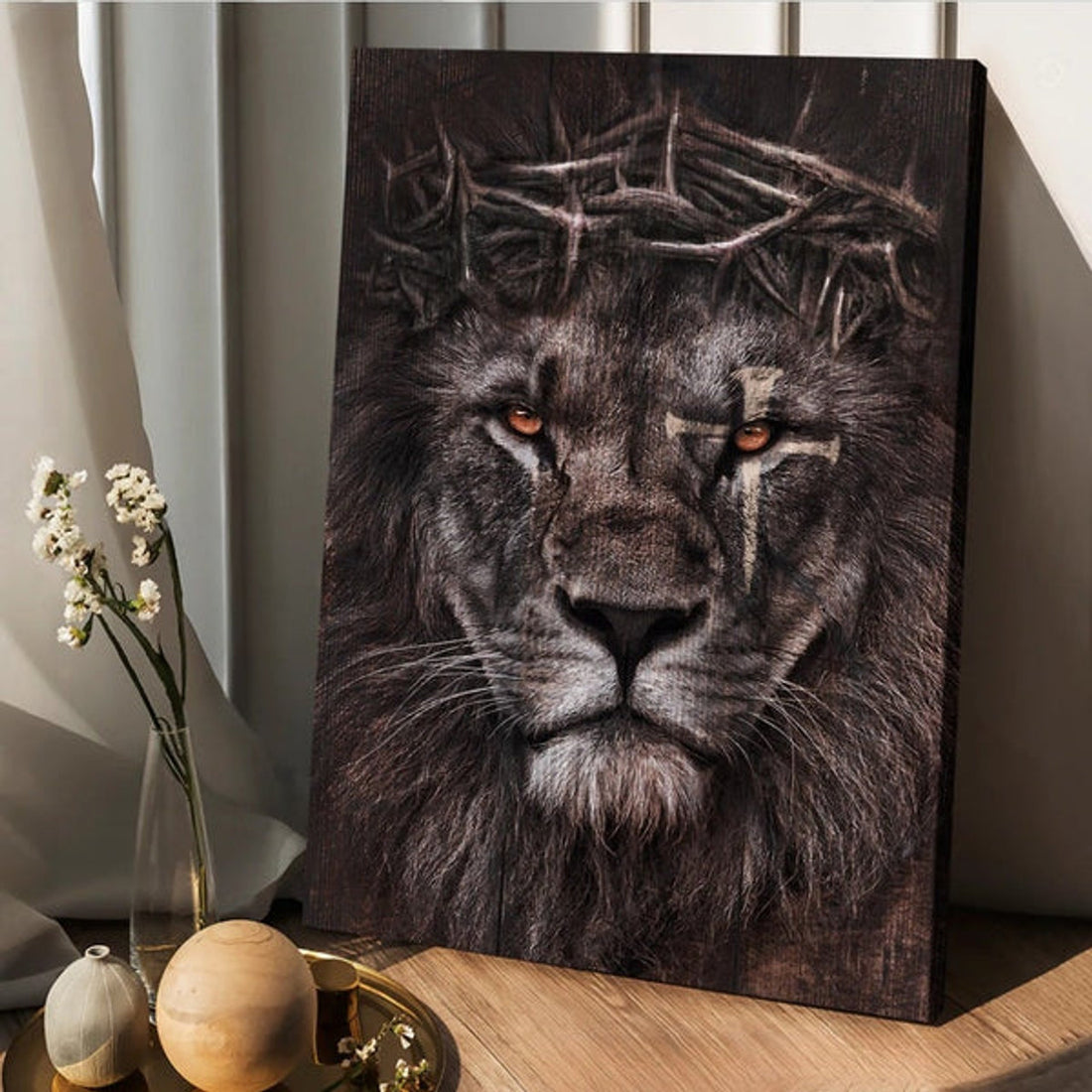 Lion Crown Of Thorn Cross Canvas Wall Art - Christian Wall Posters - Religious Wall Decor