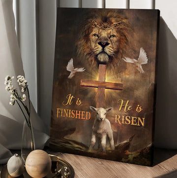 Lion Dove And Lamb Wooden Cross He Is Risen Canvas Wall Art - Christian Wall Posters - Religious Wall Decor