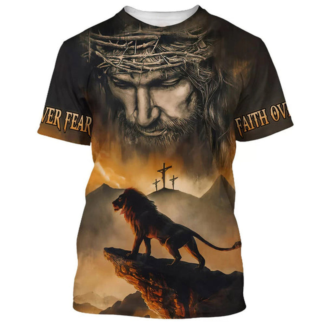 FUNSTUFFPRINT Lion Jesus Faith Over Fear Christian 3D T-shirt