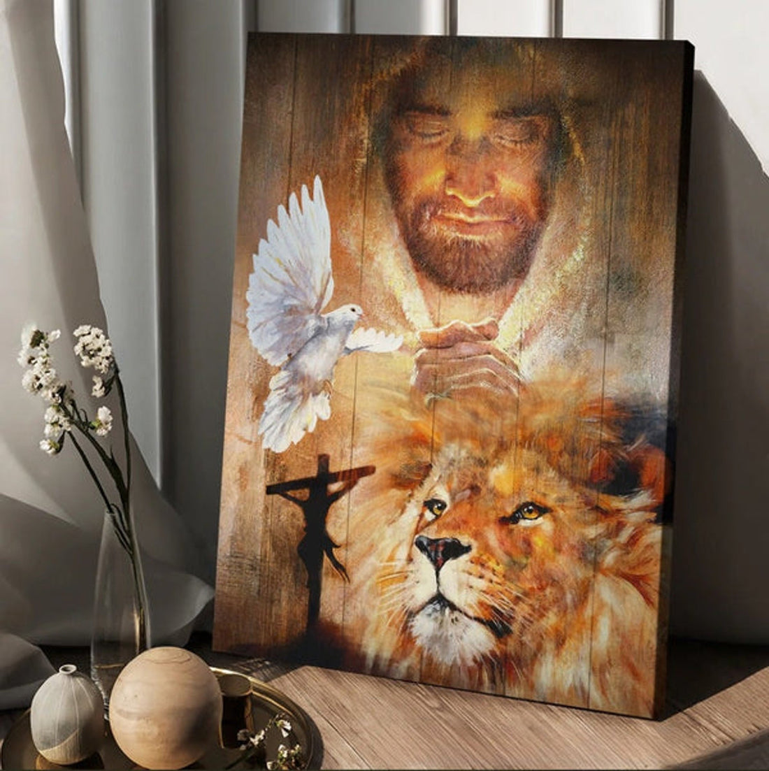 Lion King Dove Jesus Painting Pray For Healing Canvas Wall Art - Christian Wall Posters - Religious Wall Decor