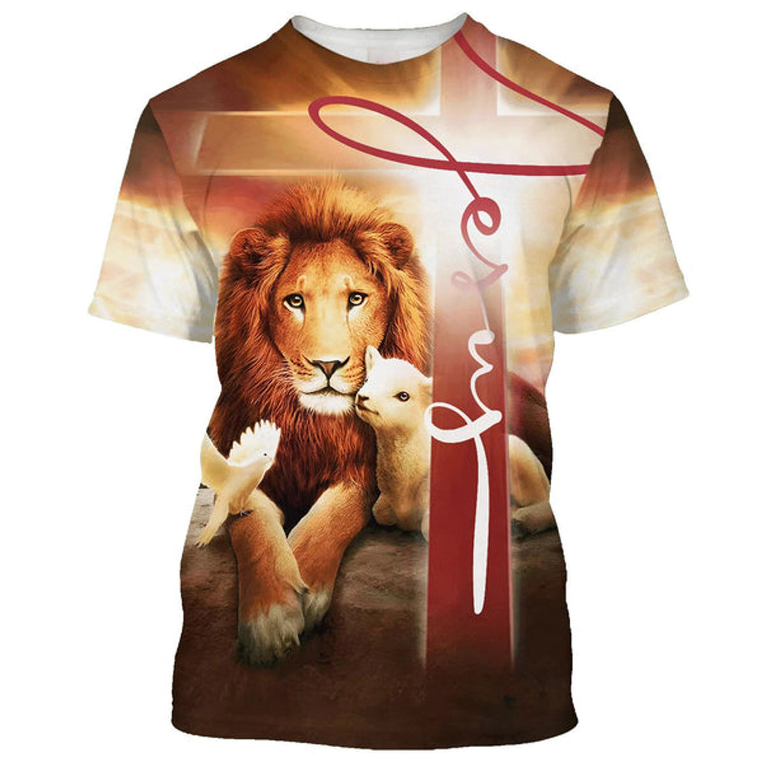 FUNSTUFFPRINT Lion Lamb And A Dove Christian 3D T-shirt