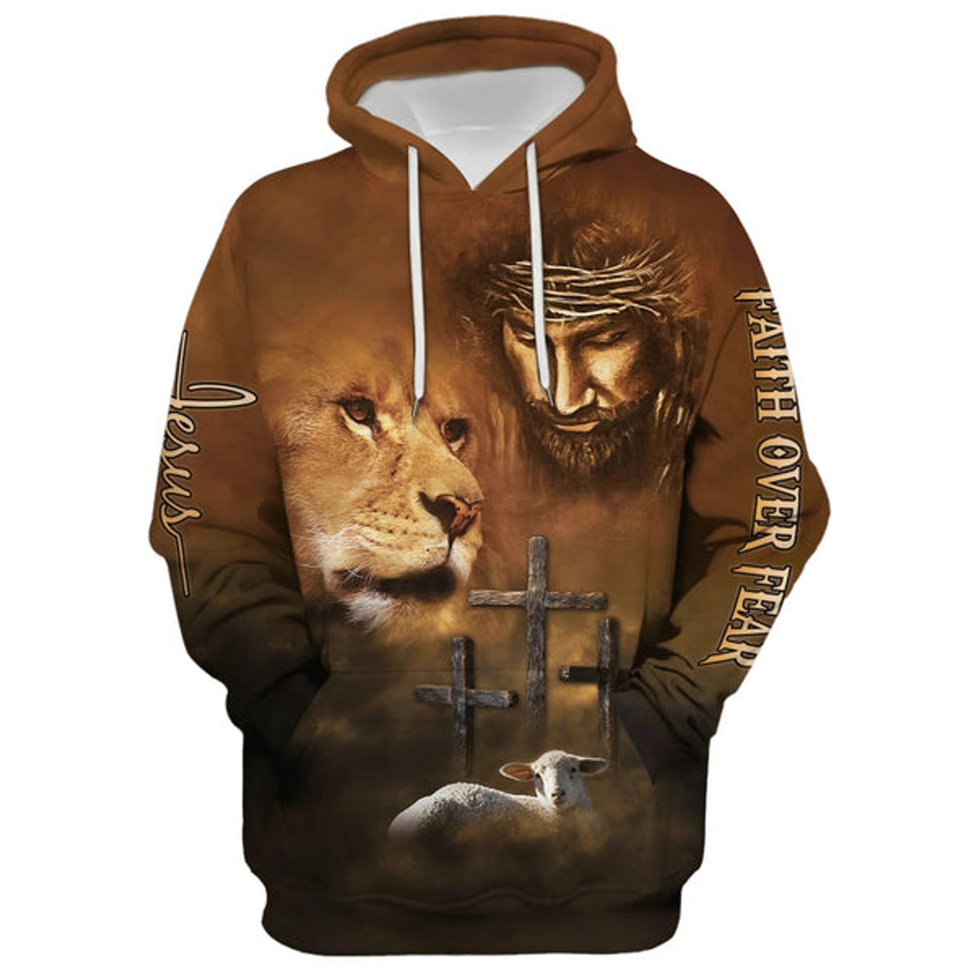FUNSTUFFPRINT Lion Lamb Jesus Faith Over Fear Hoodie - Men & Women Christian 3D Hoodie and Zip Hoodie