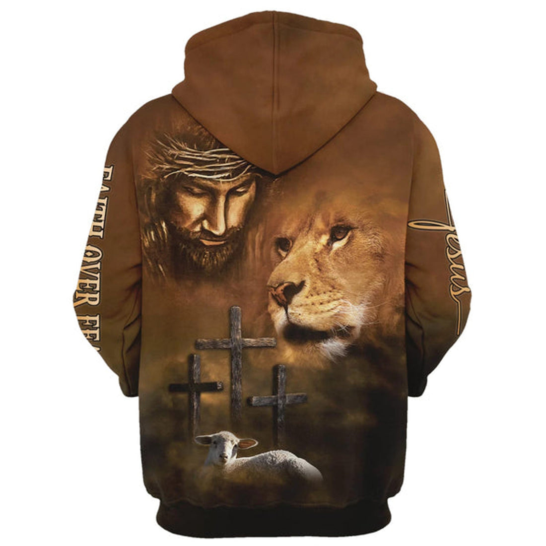 FUNSTUFFPRINT Lion Lamb Jesus Faith Over Fear Hoodie - Men & Women Christian 3D Hoodie and Zip Hoodie