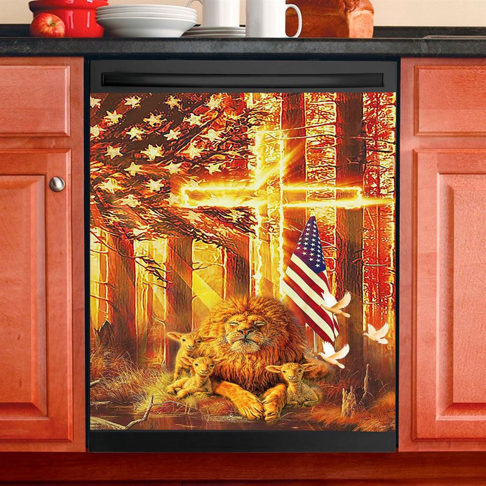 Lion &amp; Lambs Dishwasher Cover, Christian Dishwasher Wrap, Religious Kitchen Decoration