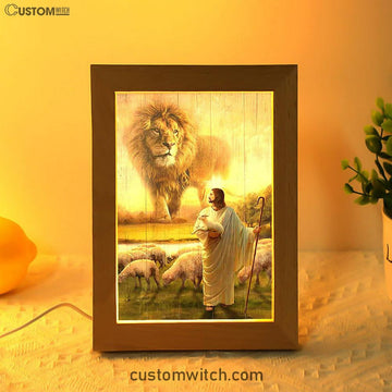 Lion Lambs Walking With Jesus Frame Lamp - Lion Frame Lamp Print - Christian Art - Religious Home Decor