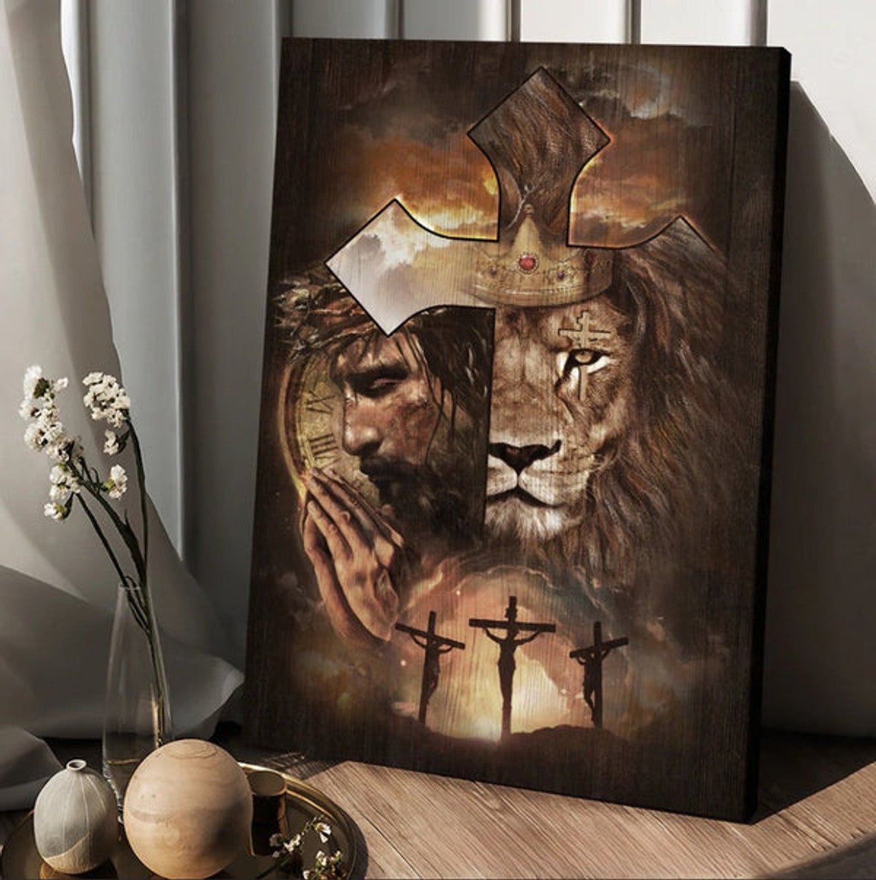 Lion Of Judah Face Of Jesus Golden Crown Cross Canvas Wall Art - Christian Wall Posters - Religious Wall Decor