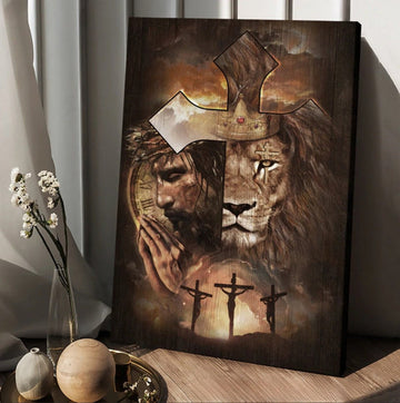 Lion Of Judah Face Of Jesus Golden Crown Cross Canvas Wall Art - Christian Wall Posters - Religious Wall Decor