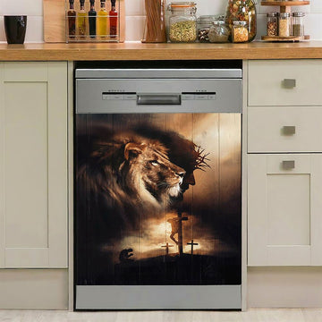 Lion Of Judah Jesus On The Cross Praying With Jesus Dishwasher Cover, Lion Dishwasher Wrap, Christian Kitchen Decoration